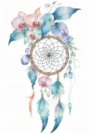 A dream catcher in the shape of a heart with an orchid in the heart at the top right. Then hanging elements tattoo design idea