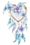 A dream catcher in the shape of a heart with an orchid in the heart at the top right. Then hanging elements tattoo design idea
