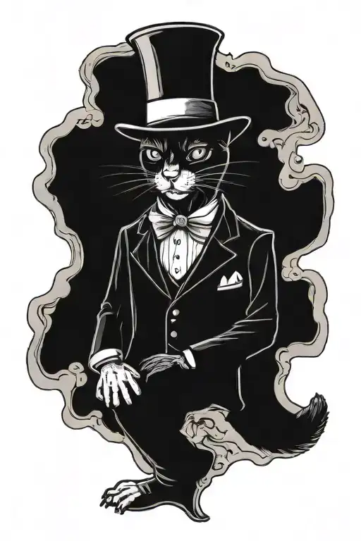 standing humanoid black cat inside an old tabern. he wears a black hat, black suit, white gloves, shoes and skarf.  tattoo design idea