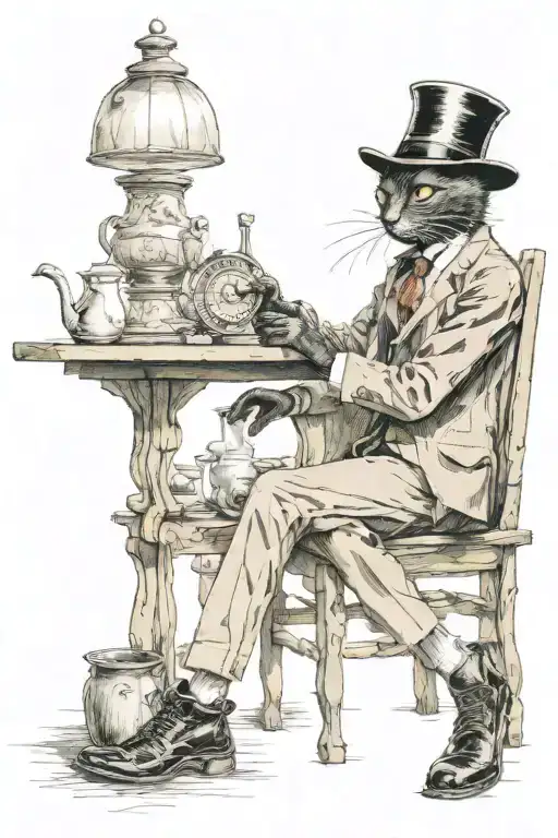 humanoid black cat inside an old tabern. he wears a black hat, black suit, white gloves, shoes and skarf.  tattoo design idea