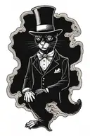 standing humanoid black cat inside an old tabern. he wears a black hat, black suit, white gloves, shoes and skarf.  tattoo design idea