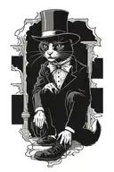 standing humanoid black cat inside an old tabern. he wears a black hat, black suit, white gloves, shoes and skarf.  tattoo design idea
