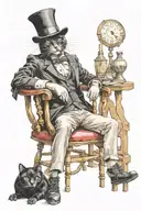 humanoid black cat inside an old tabern. he wears a black hat, black suit, white gloves, shoes and skarf.  tattoo design idea