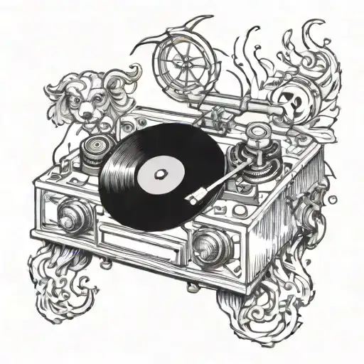 A vintage record player with zodiac signs as vinyl records spinning tattoo design idea