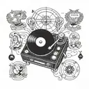 A vintage record player with zodiac signs as vinyl records spinning tattoo design idea