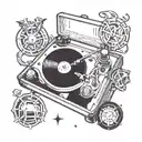 A vintage record player with zodiac signs as vinyl records spinning tattoo design idea
