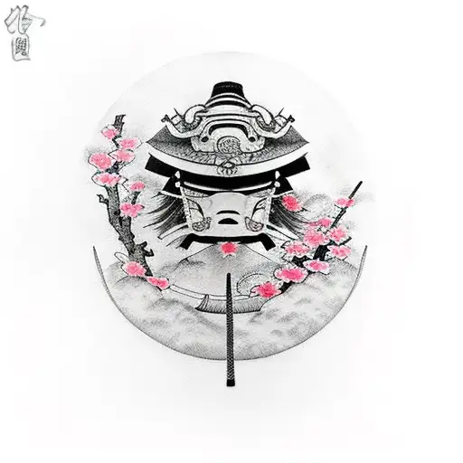 samurai sword and samurai helmet with cherry blossoms surrounding the word kaizen tattoo design idea