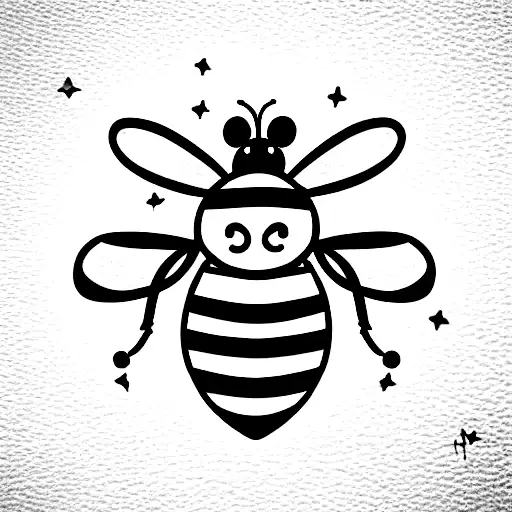 a simple cartoon bee that has a cute personality and has a trail of minimalist stars in pink, blue, and yellow tattoo design idea