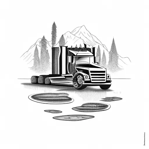 semi truck  and  fishing pond tattoo design idea