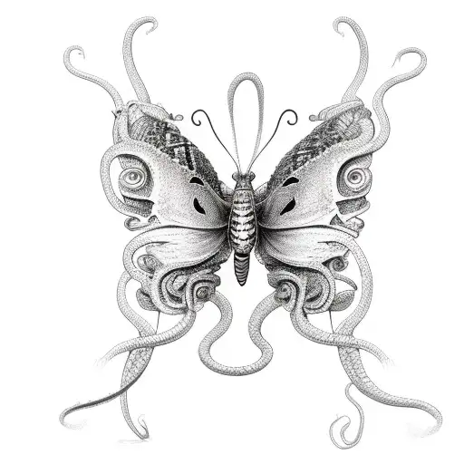 a butterfly with aggressive snake heads tattoo design idea