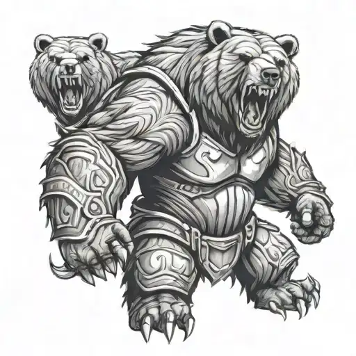 Grizzly bear that is angry, and ready for battle wearing full metal armor. tattoo design idea