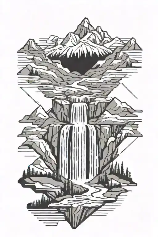 waterfall and mountains with man standing at foreground  tattoo design idea