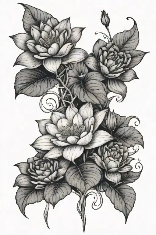 water lilies blooming, morning glory flower, prim roses, daffodil  tattoo design idea