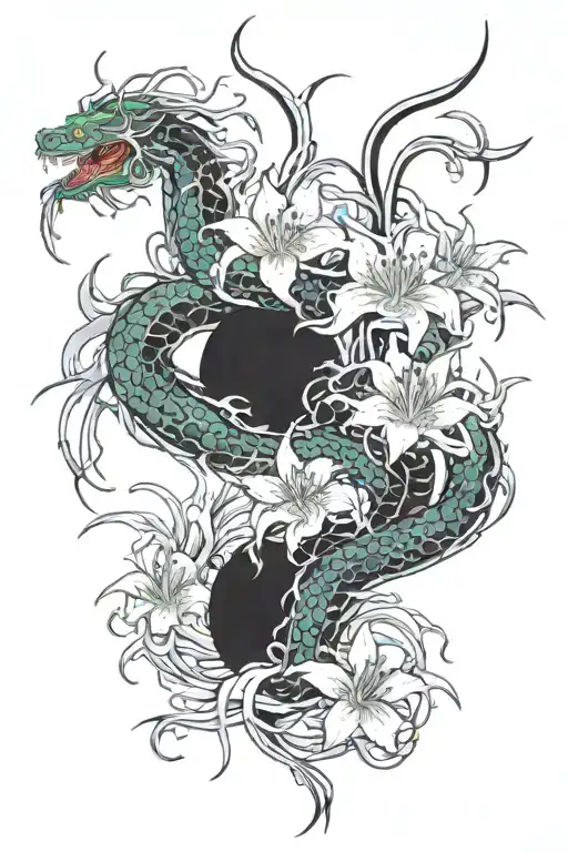 dragon clouds spider lily tattoo design idea