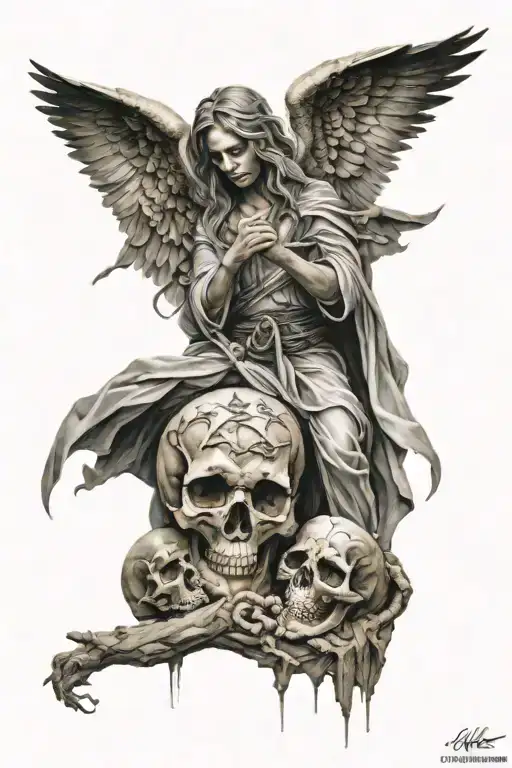A desert scene with a mystical angel and death elements intertwined tattoo design idea