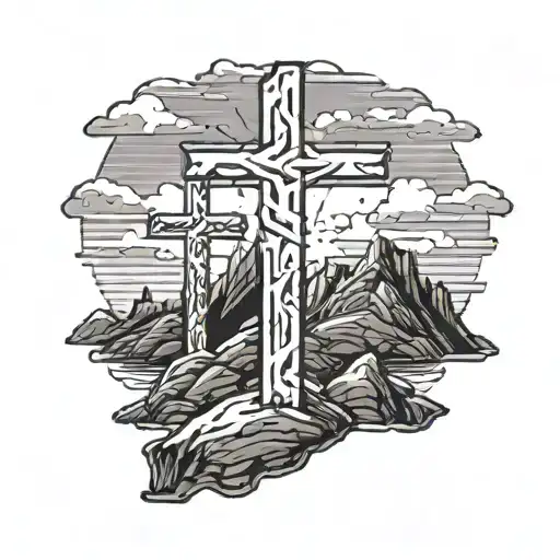 3 crosses on a mountain with light shining on them. Bible verses surrounding it. tattoo design idea