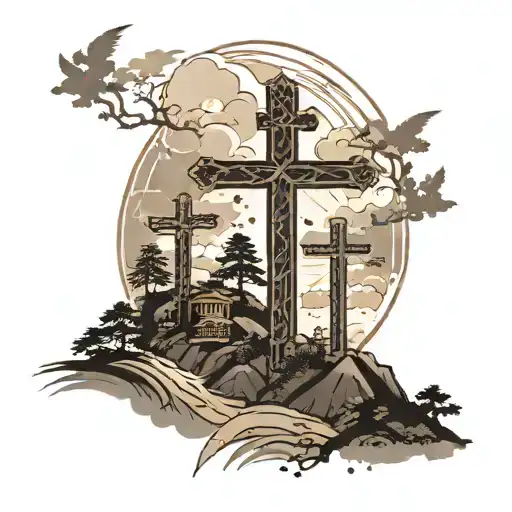 3 crosses on a mountain with light shining on them. Bible verses surrounding it. tattoo design idea