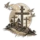 3 crosses on a mountain with light shining on them. Bible verses surrounding it. tattoo design idea