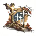 3 crosses on a mountain with light shining on them. Bible verses surrounding it. tattoo design idea
