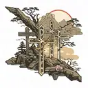 3 crosses on a mountain with light shining on them. Bible verses surrounding it. tattoo design idea