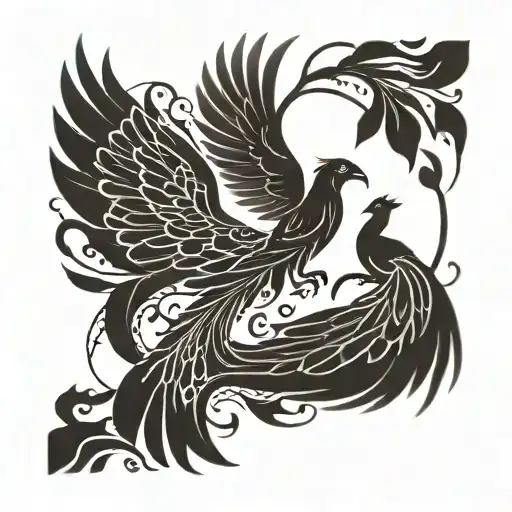 An abstract blackwork tattoo of a phoenix bird morphing into the silhouettes of a mother, child, and father, symbolizing the interconnectedness of family and rebirth tattoo design idea