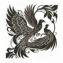 An abstract blackwork tattoo of a phoenix bird morphing into the silhouettes of a mother, child, and father, symbolizing the interconnectedness of family and rebirth tattoo design idea