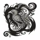 An abstract blackwork tattoo of a phoenix bird morphing into the silhouettes of a mother, child, and father, symbolizing the interconnectedness of family and rebirth tattoo design idea