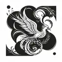 An abstract blackwork tattoo of a phoenix bird morphing into the silhouettes of a mother, child, and father, symbolizing the interconnectedness of family and rebirth tattoo design idea