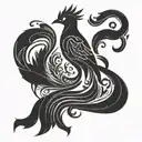 An abstract blackwork tattoo of a phoenix bird morphing into the silhouettes of a mother, child, and father, symbolizing the interconnectedness of family and rebirth tattoo design idea