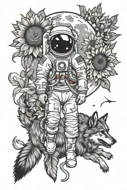 astronaut in space with the full moon accompanied by a wolf and sunflowers tattoo design idea