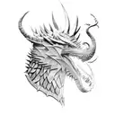 A mythical creature inspired by Game of Thrones and Lord of the Rings, set against a backdrop of mountain peaks tattoo design idea