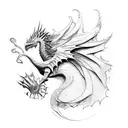 A mythical creature inspired by Game of Thrones and Lord of the Rings, set against a backdrop of mountain peaks tattoo design idea