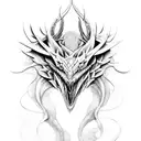 A mythical creature inspired by Game of Thrones and Lord of the Rings, set against a backdrop of mountain peaks tattoo design idea