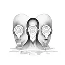 three floating people vertically one above the other in different stages of completion tattoo design idea