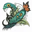 peacock feather and cat and dolphin and butterflies and ying&yang tattoo design idea