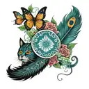 peacock feather and cat and dolphin and butterflies and ying&yang tattoo design idea