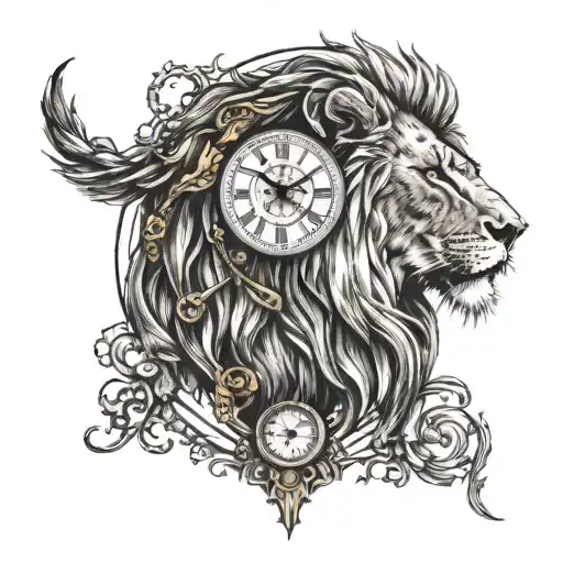 lion with clock tattoo design idea
