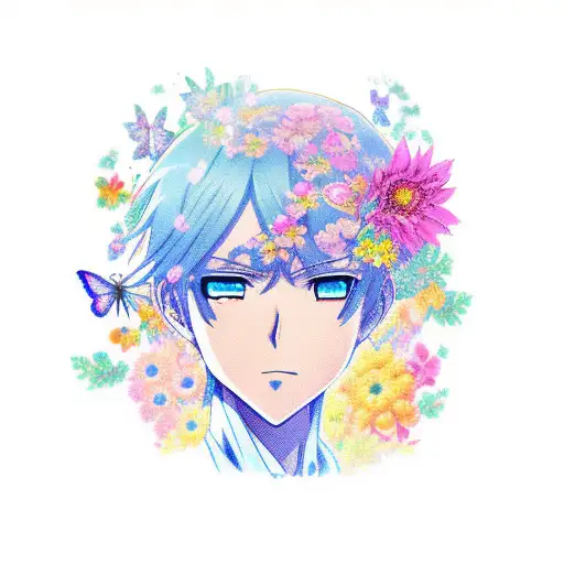 An anime character surrounded by a garden of colorful flowers and butterflies tattoo design idea