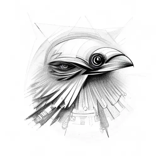 Abstract sketch of a mechanical raven with a demonic eye spreading its wings tattoo design idea