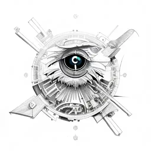 mechanical raven with a demonic eye spreading its wings tattoo design idea