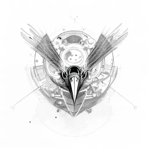 Abstract sketch of a mechanical raven with a demonic eye spreading its wings tattoo design idea