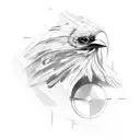 Abstract sketch of a mechanical raven with a demonic eye spreading its wings tattoo design idea