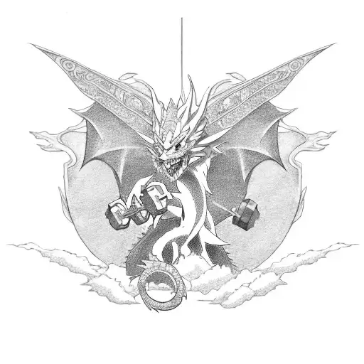 A tattoo of an anime-style dragon holding a dumbbell, symbolizing the client's passion for both anime and gym tattoo design idea