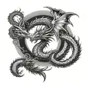 A sun and moon merged together, with a dragon coiled around them, representing the balance between light and darkness in art tattoo design idea