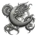 A sun and moon merged together, with a dragon coiled around them, representing the balance between light and darkness in art tattoo design idea