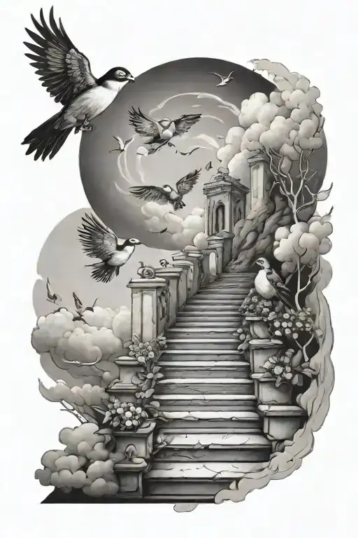 heaven steps and birds flying away tattoo design idea