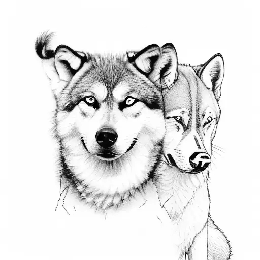 Elton John playing the piano with a wolf and husky by his side tattoo design idea