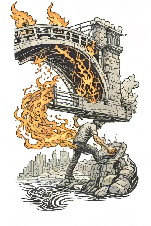bridge burning with guy setting it on fire flames tattoo design idea