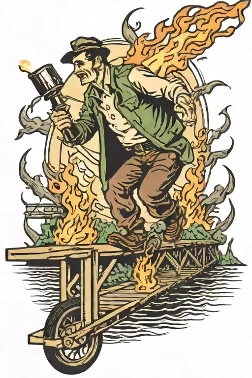 bridge burning with a guy dragging a torch  tattoo design idea