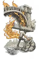 bridge burning with guy setting it on fire flames tattoo design idea